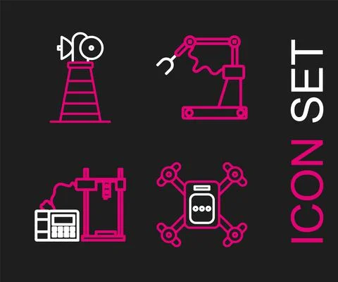 Set line Drone flying with action camera, 3D printer, Industrial machine robotic Stock Illustration