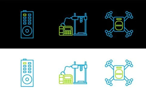 Set line Drone flying with action camera, Remote control and 3D printer icon Stock Illustration
