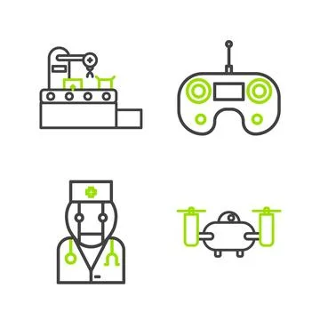 Set line Drone flying with action camera, Robot doctor, Remote control and Stock Illustration
