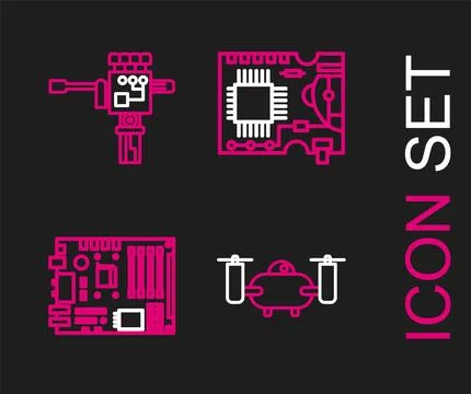 Set line Drone flying with action camera, Electronic computer components mo.. 스톡 일러스트