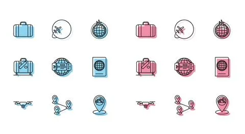 Set line Drone flying with action video camera, Route location, Suitcase fo.. Stock Illustration