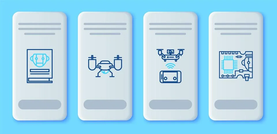 Set line Drone flying with action camera, Remote aerial drone, User manual .. Stock Illustration