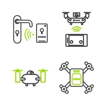 Set line Drone flying with action camera, Remote aerial drone and Digital d.. Stock Illustration