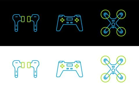 Set line Drone flying, Air headphones and Gamepad icon. Vector Stock Illustration
