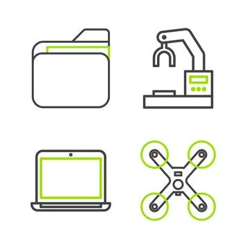 Set line Drone flying, Laptop, Robotic robot arm hand factory and Document .. Stock Illustration