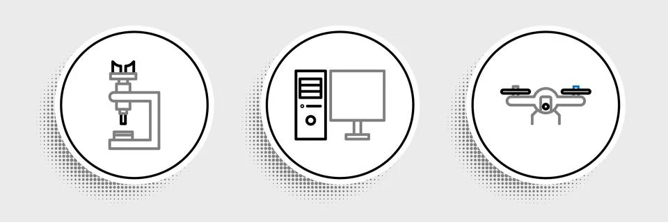 Set line Drone flying, Microscope and Computer monitor icon. Vector Illustrazione stock