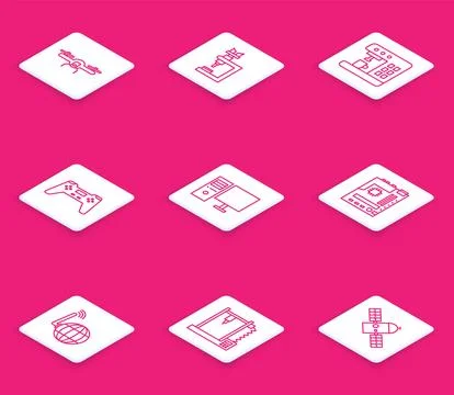 Set line Drone flying, Microscope, Coffee machine, Gamepad, Computer monito.. Stock Illustration