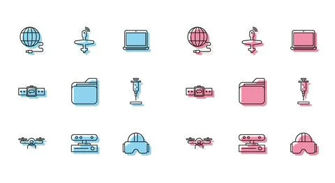Set line Drone flying, Motion sensor, Social network, Virtual reality glasses Stock Illustration