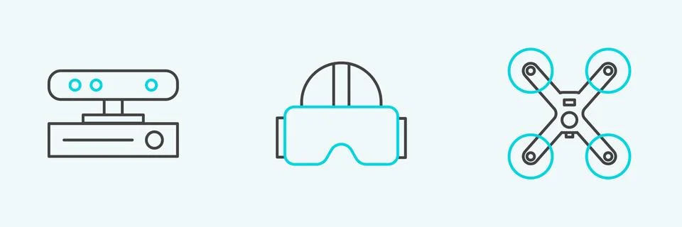 Set line Drone flying, Motion sensor and Virtual reality glasses icon. Vector 스톡 일러스트