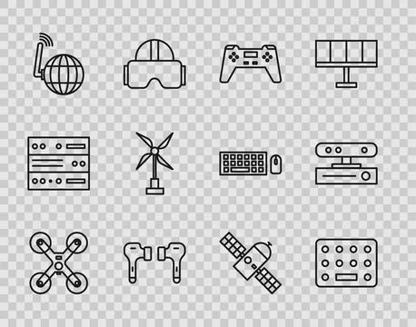 Set line Drone flying, Pills blister pack, Gamepad, Air headphones, Social .. Stock-Illustration