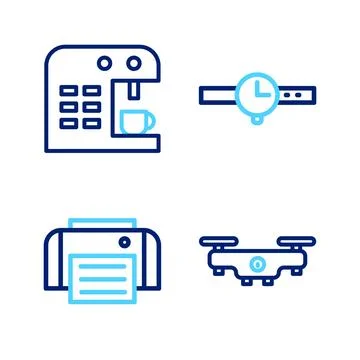 Set line Drone flying, Printer, Wrist watch and Coffee machine icon. Vector Illustrazione stock