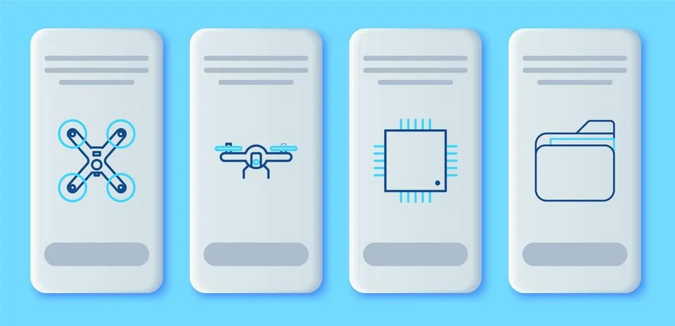 Set line Drone flying Processor with microcircuits CPU and Document folder ic Stock Illustration