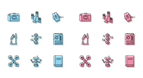 Set line Drone flying, Robot, Mirrorless camera, User manual, DNA symbol Illustrazione stock
