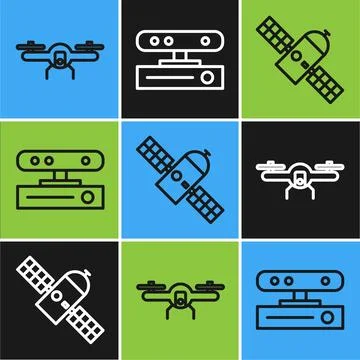 Set line Drone flying, Satellite and Motion sensor icon. Vector 스톡 일러스트