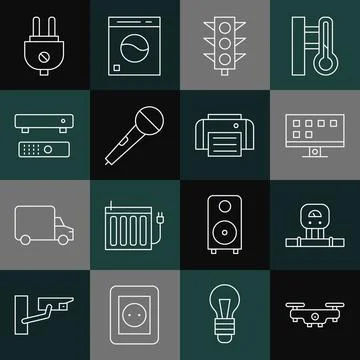 Set line Drone flying, Smart sensor, Tv, Traffic light, Microphone, Multimedia Stock Illustration