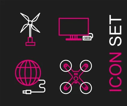 Set line Drone flying, Social network, Smart Tv and Wind turbine icon. Vector Stock Illustration