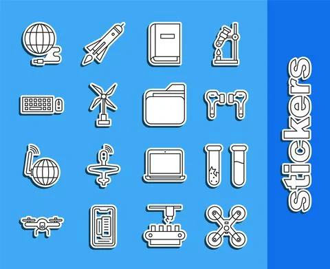 Set line Drone flying, Test tube and flask, Air headphones, User manual, Wind Stock Illustration