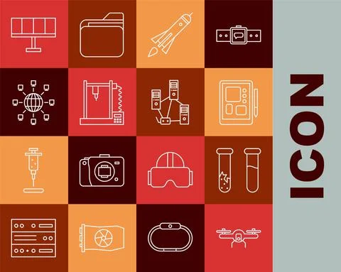 Set line Drone flying, Test tube and flask, Graphic tablet, Rocket ship with 스톡 일러스트