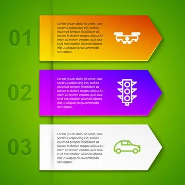 Set line Drone flying, Traffic light, Car and Printer. Business infographic Illustrazione stock