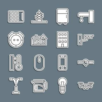 Set line Drone flying, Wrist watch, Security camera, Refrigerator, House, Rob Stock Illustration