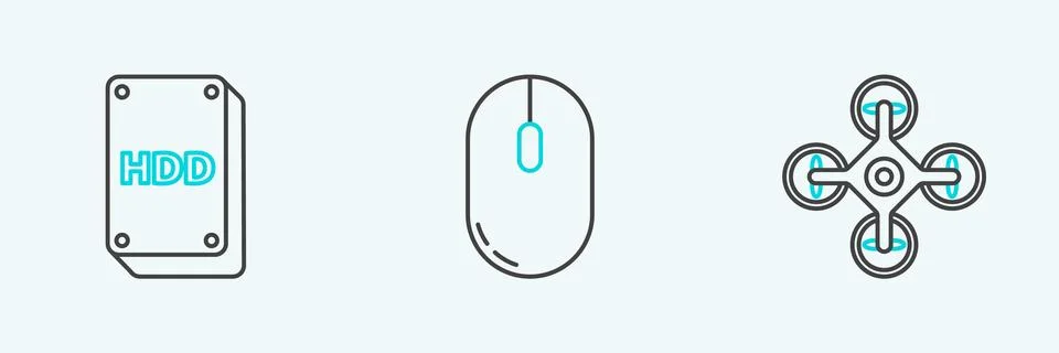 Set line Drone, Hard disk drive HDD and Computer mouse icon. Vector 스톡 일러스트