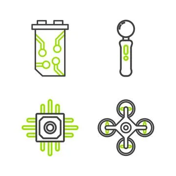 Set line Drone, Processor, Gamepad and Video graphic card icon. Vector Stock Illustration