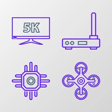 Set line Drone, Processor, Router and wi-fi signal and Monitor display with.. Stock Illustration