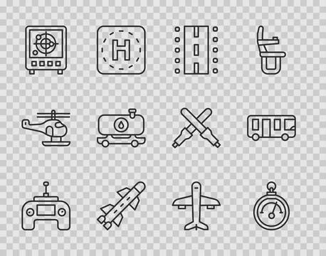 Set line Drone remote control, Barometer, Airport runway, Rocket, Radar with Stock Illustration