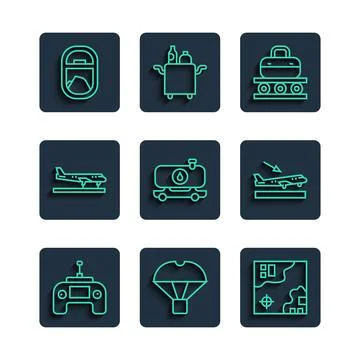 Set line Drone remote control, Box flying parachute, World travel map, Conv.. Illustrazione stock