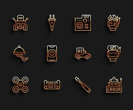 Set line Drone, Robot blueprint, Mars rover, Screwdriver, Error robot, Turn.. Stock Illustration