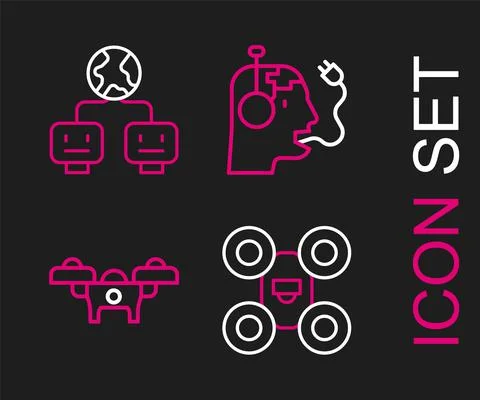 Set line Drone, Robot charging battery and Artificial intelligence icon. Vector Illustrazione stock
