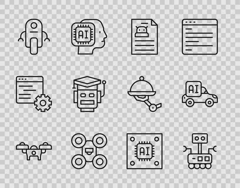 Set line Drone, Robot, Technical specification, Processor with microcircuits CPU Stockillustratie