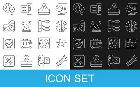 Set line Drone, Topographic map, Earth core structure crust, Volcano, Oil money Stock Illustration