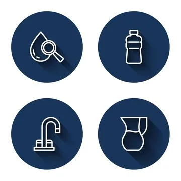 Set line Drop and magnifying glass, Bottle of water, Water tap and Jug with with Illustration