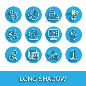 Set line Drop and magnifying glass, Calculator, Virus, Cloud with rain, Test Illustrazione stock