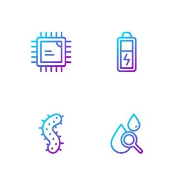 Set line Drop and magnifying glass, Virus, Processor CPU and Battery. Gradient 库存插图
