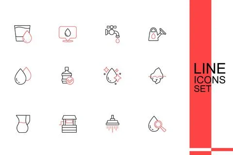 Set line Drop and magnifying glass, Shower, Well, Jug with water, Iceberg, .. Ilustração Stock