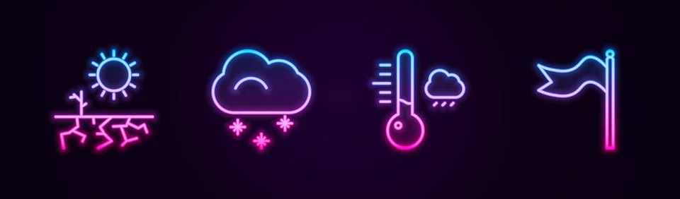 Set line Drought, Cloud with snow, Meteorology thermometer and windsock wind Illustrazione stock