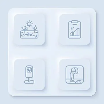 Set line Drought, Global warming, Trash can and Wastewater. White square button Illustrazione stock