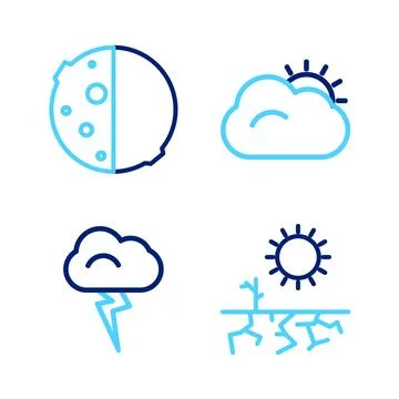 Set line Drought, Storm, Sun and cloud and Eclipse of the sun icon. Vector Illustrazione stock