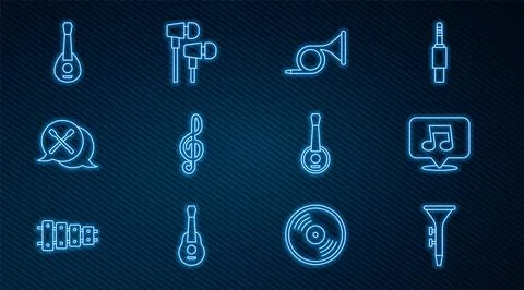 Set line Drum and drum sticks, Music note, tone, Trumpet, Treble clef, Guit.. Stock Illustration