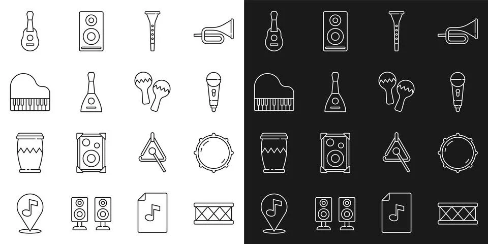 Set line Drum, Dial knob level, Microphone, Clarinet, Balalaika, Grand piano Stock Illustration