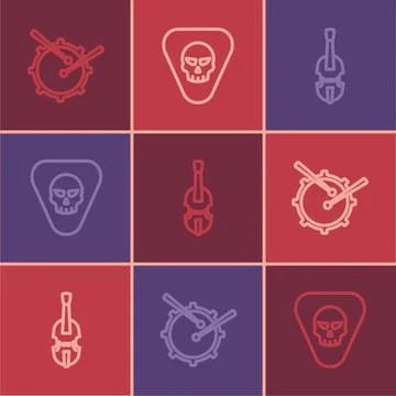 Set line Drum with drum sticks, Violin and Guitar pick icon. Vector Stockillustratie