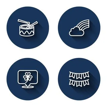 Set line Drum with drum sticks, Rainbow cloud, Clover trefoil leaf and Carnival Illustrazione stock