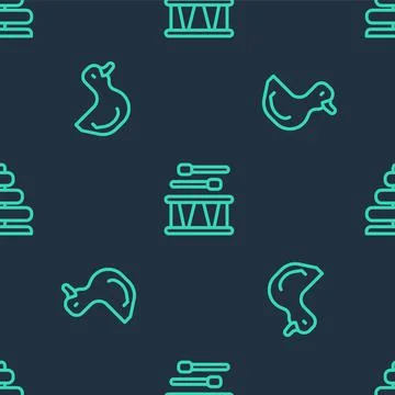 Set line Drum with drum sticks, Rubber duck and Pyramid toy on seamless pattern Stock Illustration