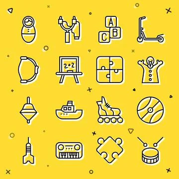 Set line Drum with drum sticks, Basketball ball, Toy puppet doll on hand, ABC Stock Illustration