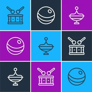 Set line Drum with drum sticks, Whirligig toy and Beach ball icon. Vector Illustrazione stock