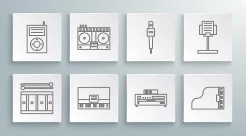 Set line Drum with drum sticks, DJ remote for playing and mixing music, Pia.. Stock Illustration