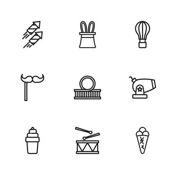 Set line Drum with drum sticks, Cannon, Ice cream in waffle, Roller coaster.. Stockillustratie