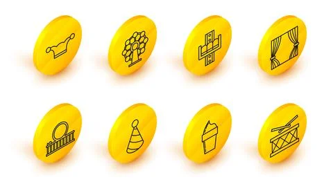Set line Drum with drum sticks, Ice cream in waffle cone, Party hat, Roller.. Stock Illustration